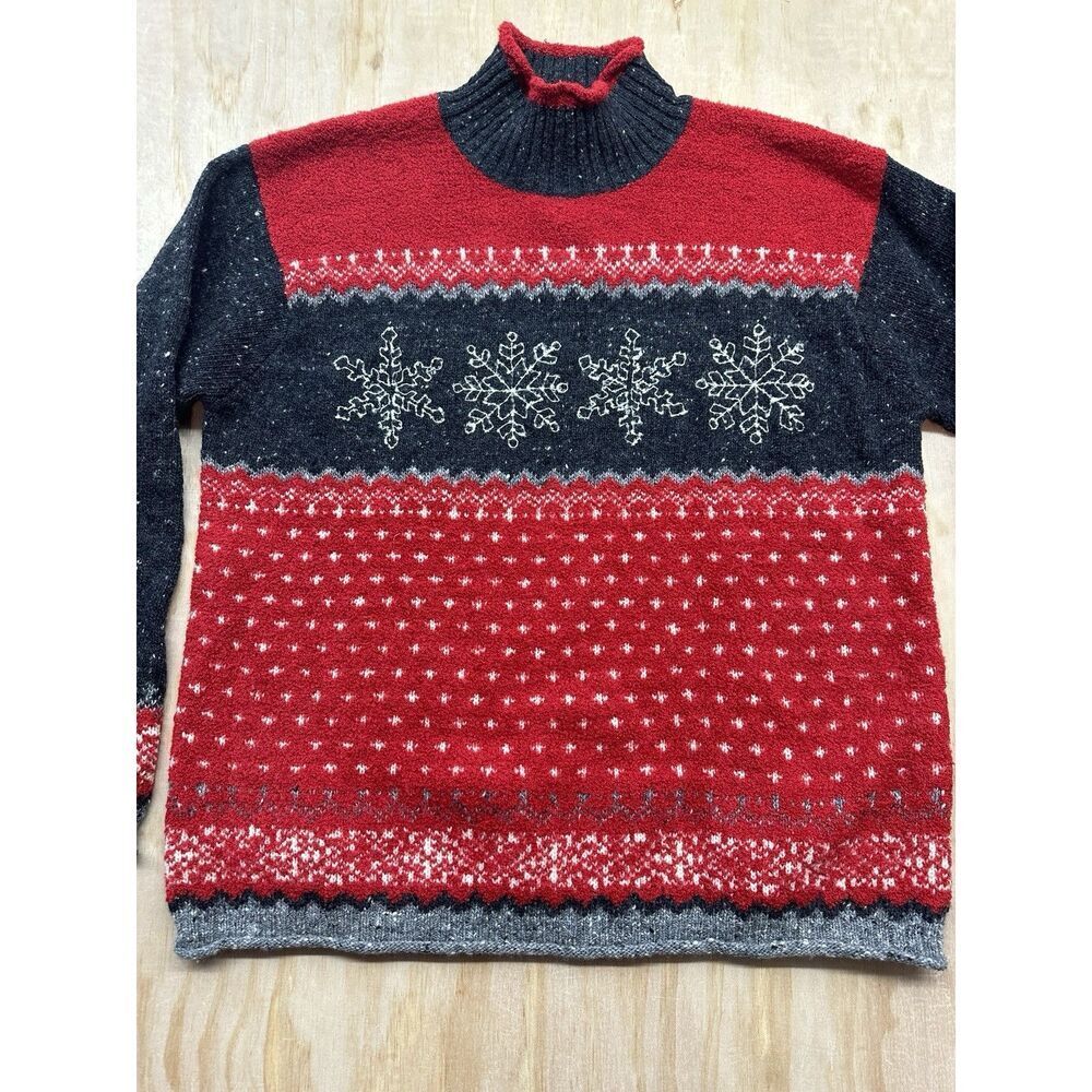 Jones New York Sport Sweater Wool Blend Snowflakes Red Black VTG S